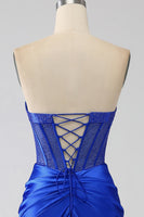Load image into Gallery viewer, Mermaid Strapless Royal Blue Corset Prom Dress with Beading