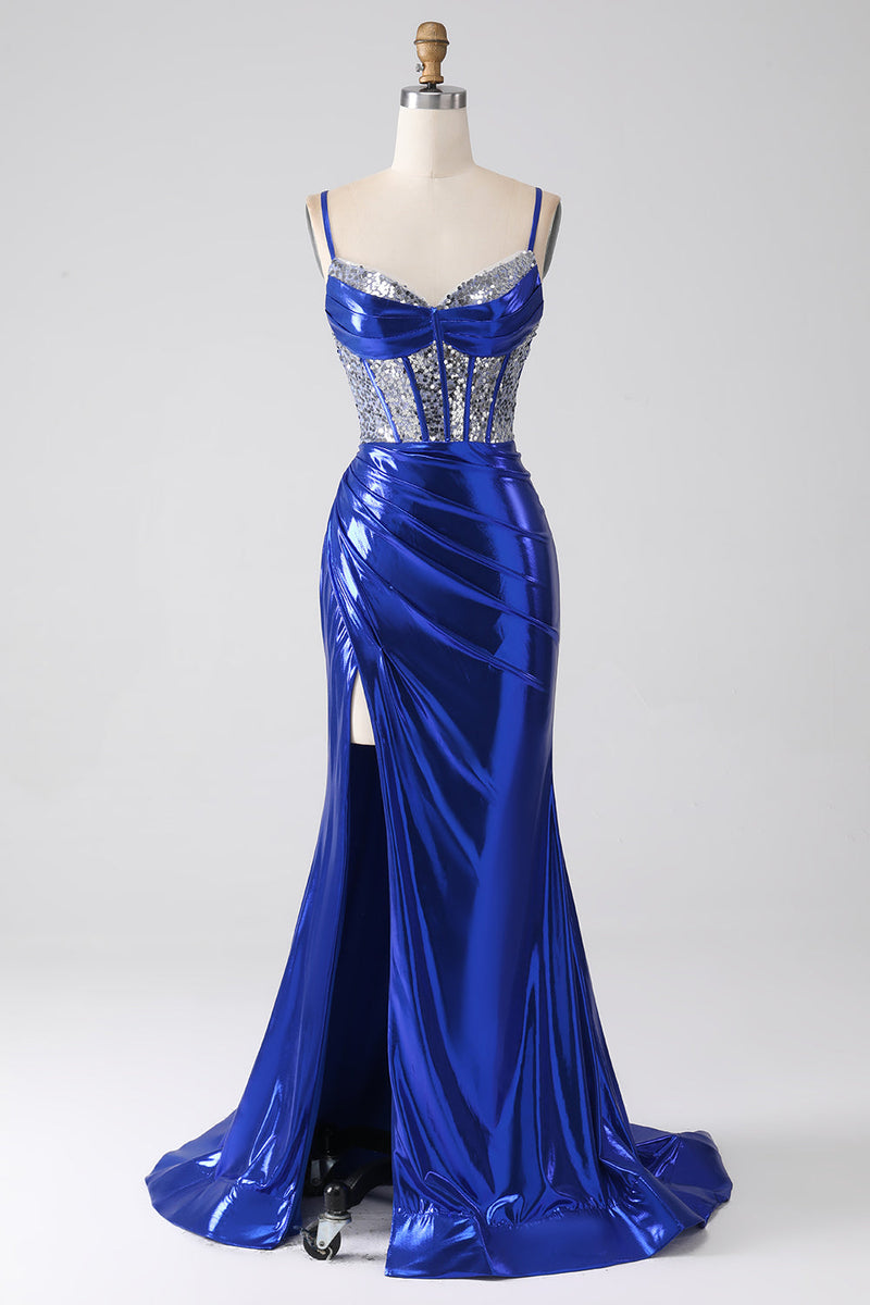 Load image into Gallery viewer, Royal Blue Mermaid Sparkly Sequin Pleated Corset Prom Dress With Slit