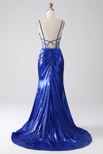 Royal Blue Mermaid Sparkly Sequin Pleated Corset Prom Dress With Slit