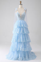 Load image into Gallery viewer, Light Blue Spaghetti Straps Tiered Tulle Sequin Prom Dress with Appliques