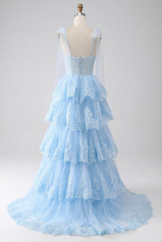 Light Blue Spaghetti Straps Tiered Tulle Sequin Prom Dress with Appliques