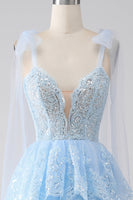 Load image into Gallery viewer, Light Blue Spaghetti Straps Tiered Tulle Sequin Prom Dress with Appliques