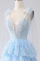 Load image into Gallery viewer, Light Blue Spaghetti Straps Tiered Tulle Sequin Prom Dress with Appliques