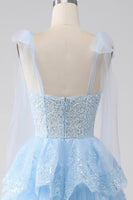 Load image into Gallery viewer, Light Blue Spaghetti Straps Tiered Tulle Sequin Prom Dress with Appliques