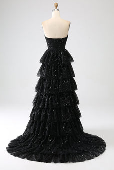 A-Line Sequins Black Tiered Prom Dress with Slit