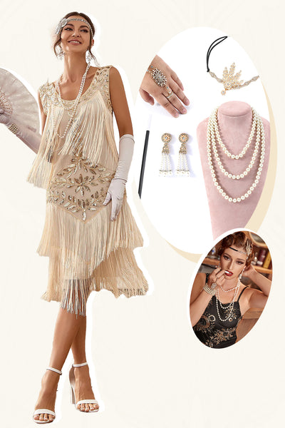 Champagne Gatsby 1920s Dress with 20s Accessories Set