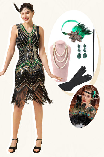 Sheath Green Gatsby 1920s Dress with 20s Accessories Set