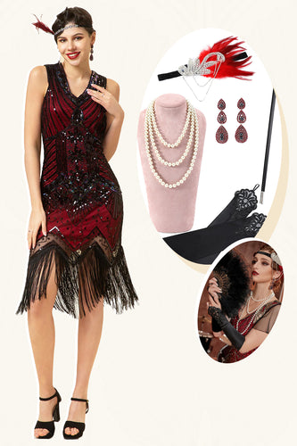 1920s Gatsby Sequin Fringed Flapper Dress with 20s Accessories Set
