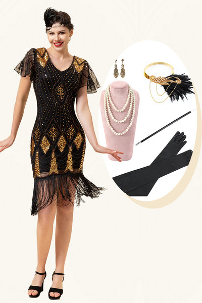 Black & Gold Sequins 1920s Flapper Dress with 20s Accessories Set