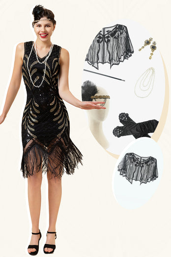 Black V Neck Sequin 1920s Flapper Dress with 20s Accessories Set