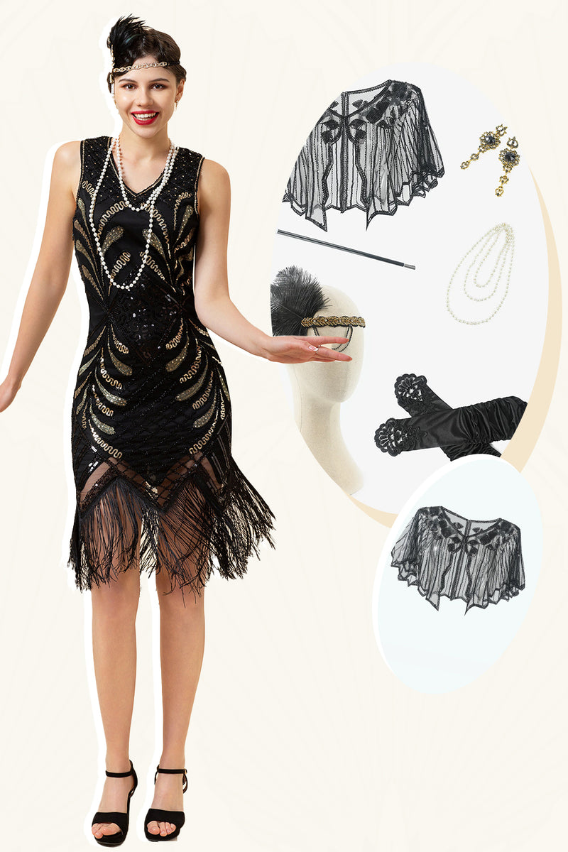 Load image into Gallery viewer, Black V Neck Sequin 1920s Flapper Dress with 20s Accessories Set