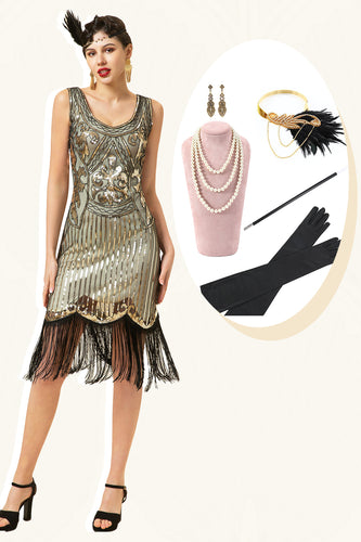 Gold 1920s Fringe Sequin Flapper Dress with 20s Accessories Set