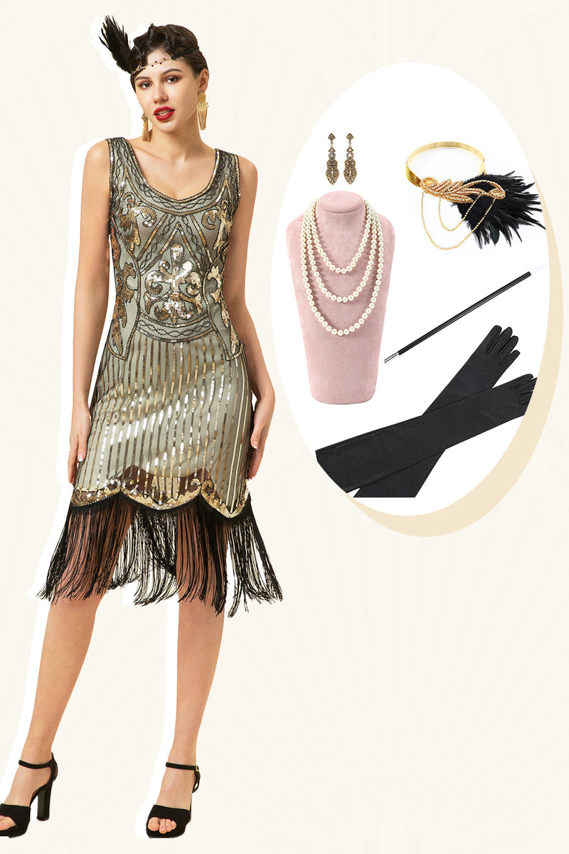 Load image into Gallery viewer, Gold 1920s Fringe Sequin Flapper Dress with 20s Accessories Set