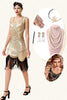 Load image into Gallery viewer, Champagne and Black Sequin Fringe 1920s Dress With 20s Accessories Set