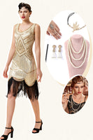 Load image into Gallery viewer, Champagne and Black Sequin Fringe 1920s Dress With 20s Accessories Set