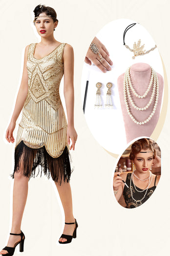 Champagne and Black Sequin Fringe 1920s Dress With 20s Accessories Set