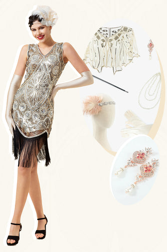 Silver Fringe Sequin 1920s Flapper Dress With 20s Accessories Set