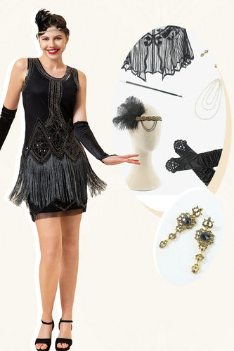 Black Sequins 1920s Fringe Dress With 20s Accessories Set