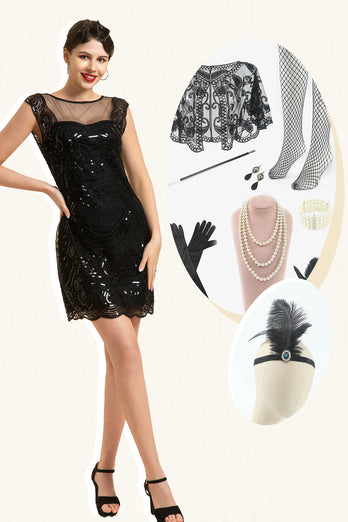 Black Great Gatsby 1920s Dress with 20s Accessories Set