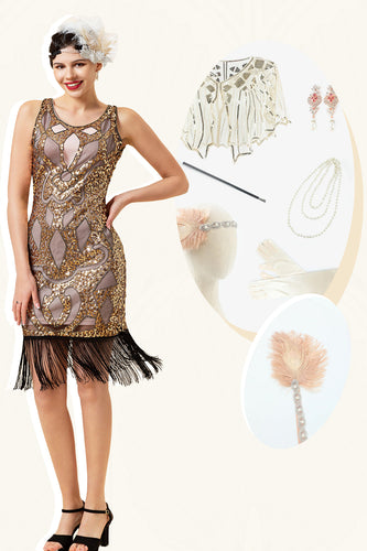 Golden 1920s Gatsby Dress With 20s Accessories Set