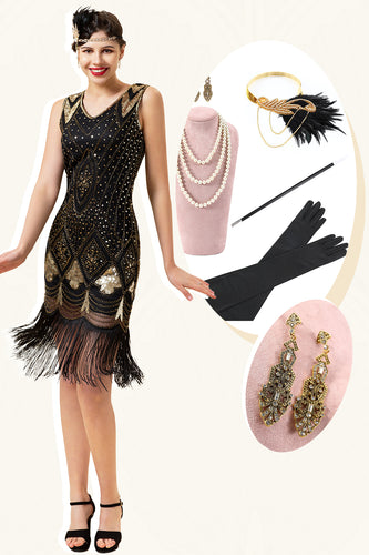 Black Fringe Great Gatsby Party Dress With 20s Accessories Set