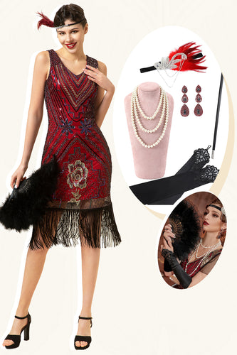 Burgundy Sleeveless 1920s Gatsby Dress With 20s Accessories Set
