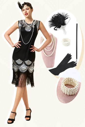 Sequins Black Fringe 1920s Dress With 20s Accessories Set