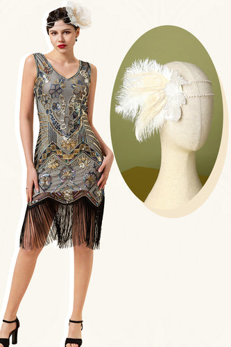 Golden Fringe 1920s Dress With 20s Accessories Set