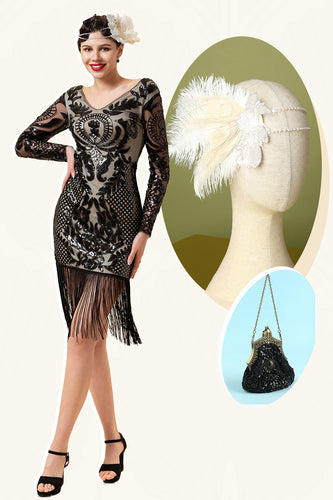 Black Fringe Long Sleeves 1920s Dress With 20s Accessories Set