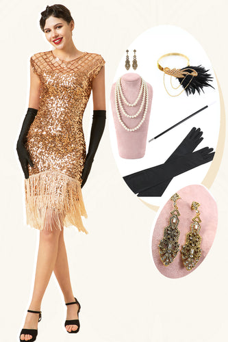 Gatsby 1920s Flapper Dress With 20s Accessories Set