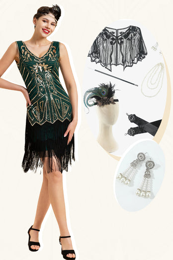 Green Sequins 1920s Great Gatsby Dress With 20s Accessories Set