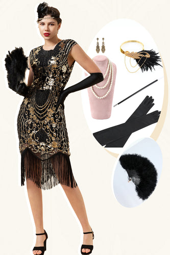 Black Sequins Tassel 1920s Dress With 20s Accessories Set