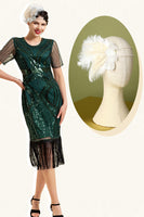 Load image into Gallery viewer, Dark Green Beaded Fringe 1920s Dress With 20s Accessories Set