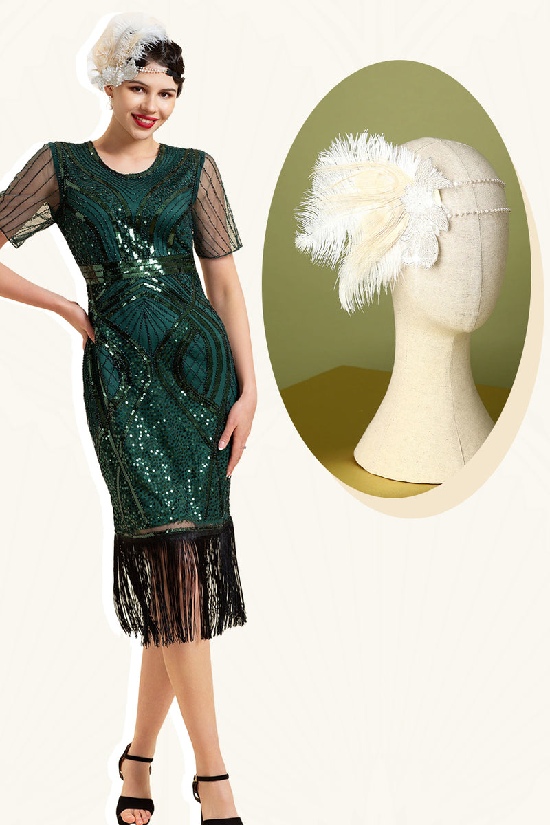 Load image into Gallery viewer, Dark Green Beaded Fringe 1920s Dress With 20s Accessories Set