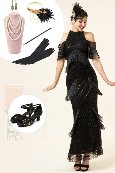 Black Beaded Fringes 1920s Dress with 20s Accessories Set