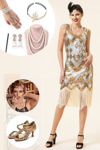 Golden Sequins Fringe 1920s Dress with 20s Accessories Set