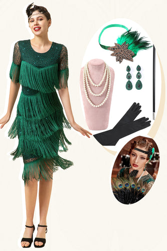 Dark Green Beaded Gatsby Fringe 1920s Dress With 20s Accessories Set