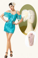Load image into Gallery viewer, Tight Blue Sequins Cocktail Dress With 20s Accessories Set