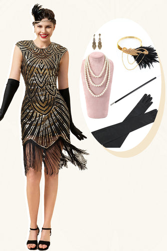 Gold Sequins Gatsby Glitter Fringe 1920s Dress With 20s Accessories Set