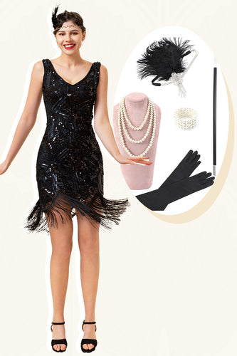 Black 1920s Fringe Sequin Flapper Dress With 20s Accessories Set