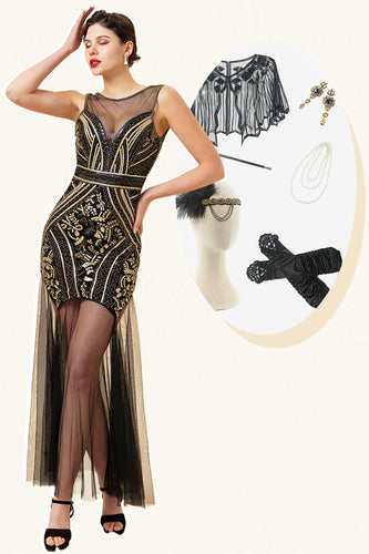 Black and Gold Long Tulle Sequin Formal Dress With 20s Accessories Set