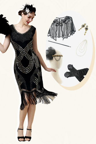 Sheath V Neck Black Sequined Fringe 1920s Dress With 20s Accessories Set