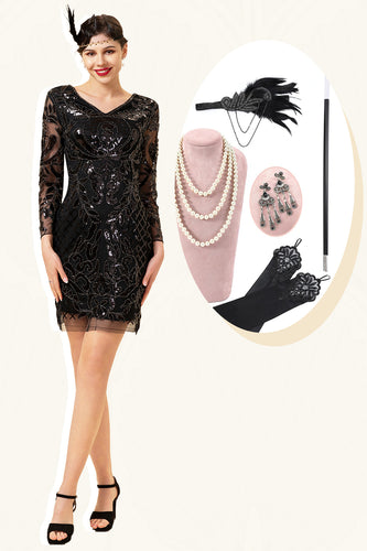 Black Gatsby 1920s Dress With 20s Accessories Set