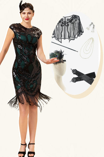 Black&Green Sequins 1920s Dress With 20s Accessories Set