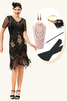 Load image into Gallery viewer, V Neck Black Fringe 1920s Dress With 20s Accessories Set