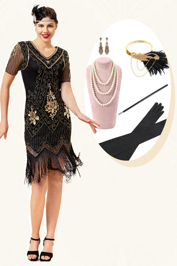 V Neck Black Fringe 1920s Dress With 20s Accessories Set