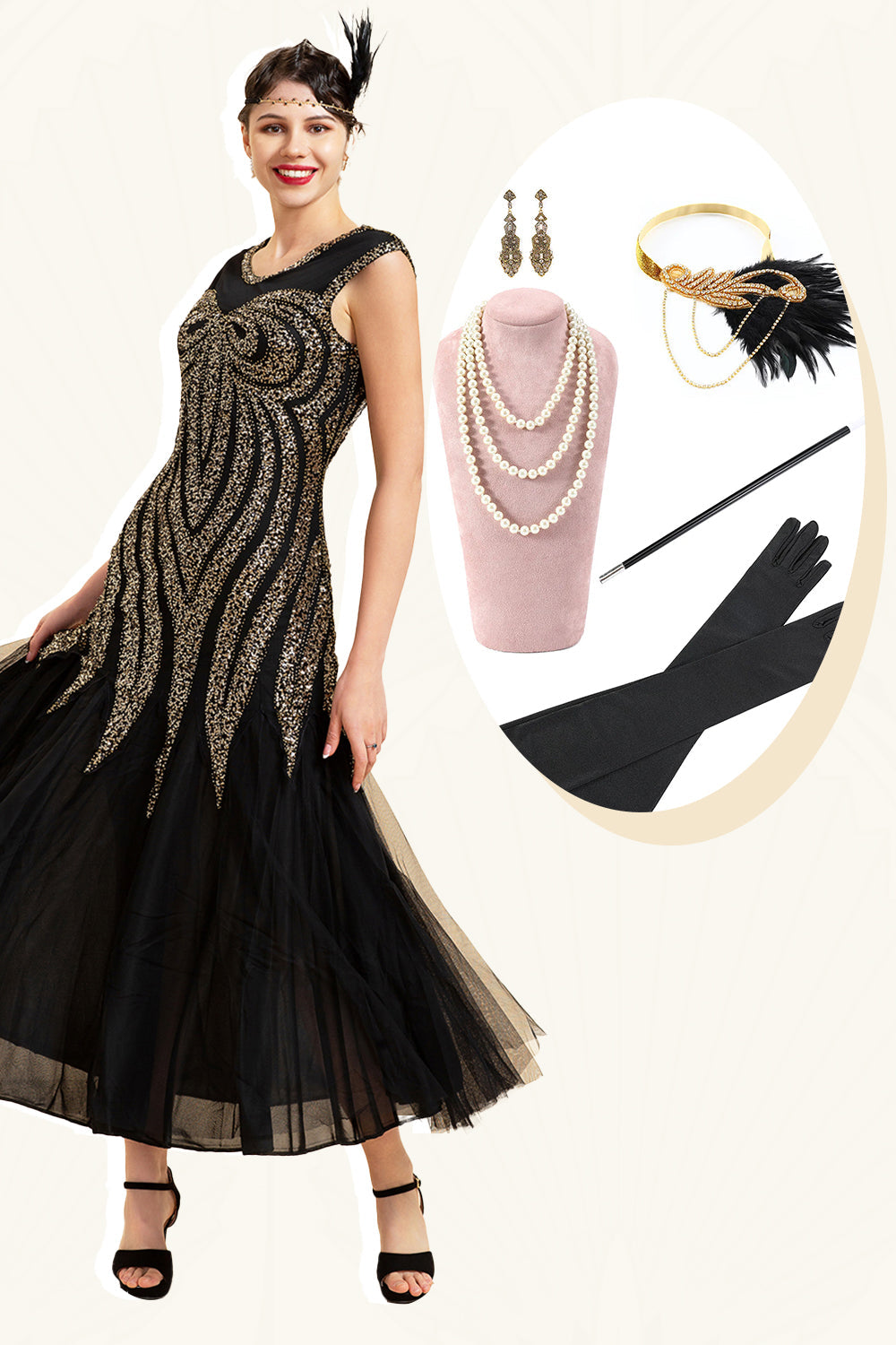 Black Sequins Tulle Flapper Dress with 1920s Accessories Set