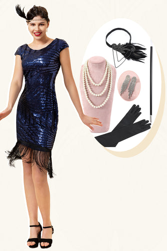 Blue Round Neck 1920s Flapper Dress With 20s Accessories Set