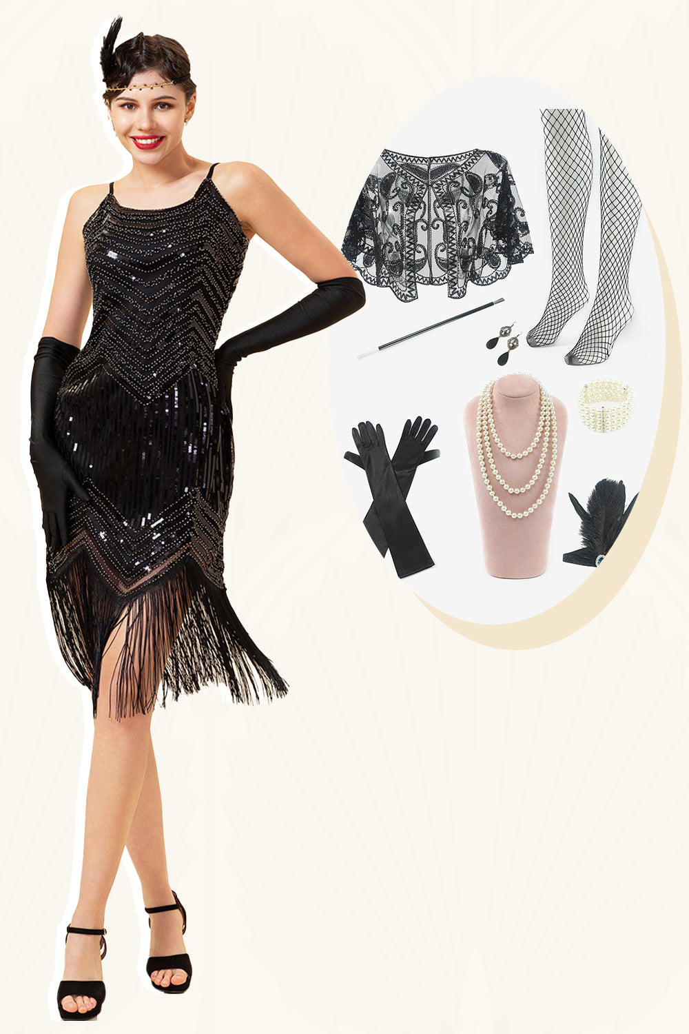 Fringed Vintage 1920s Sequin Dress With 20s Accessories Set