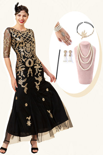 Black Golden Sequins Long Formal Dress With 20s Accessories Set